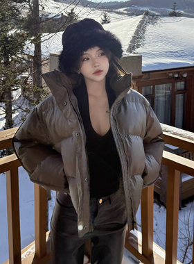 PickRui 睿哥失眠费城  橄榄绿皮质廓形羽绒服白鸭绒立领加厚面包