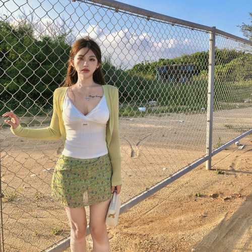 PickRui睿哥 莫奈花园绿色碎花半身裙女夏新款包臀裙短裙气质高腰