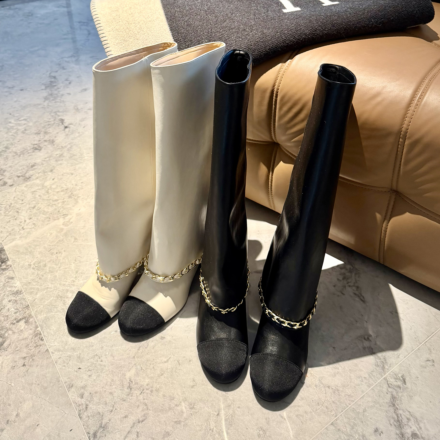 PickRui 睿哥 香香女孩 拼色链条粗跟套筒管靴女气质长筒靴骑士靴