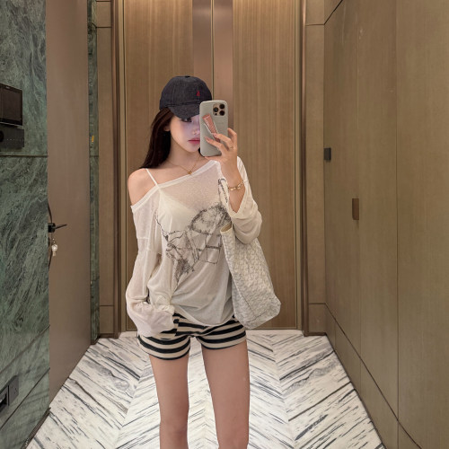 PickRui睿哥 慵懒斜肩 天丝防晒长袖罩衫女新款T恤夏季软糯上衣