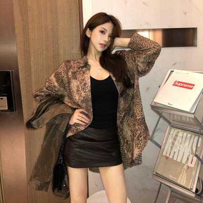 PickRui睿哥 复古野性豹纹两面穿宽松衬衫外套女秋季新款上衣美式