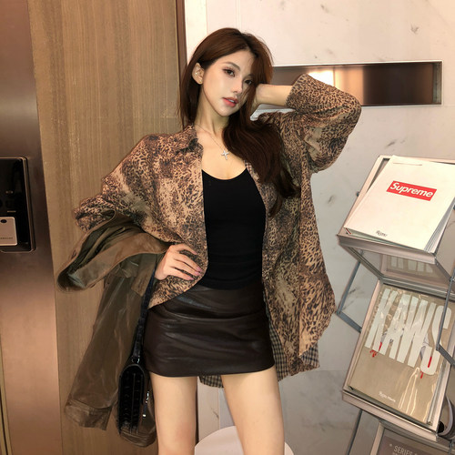 PickRui睿哥 复古野性豹纹两面穿宽松衬衫外套女秋季新款上衣美式