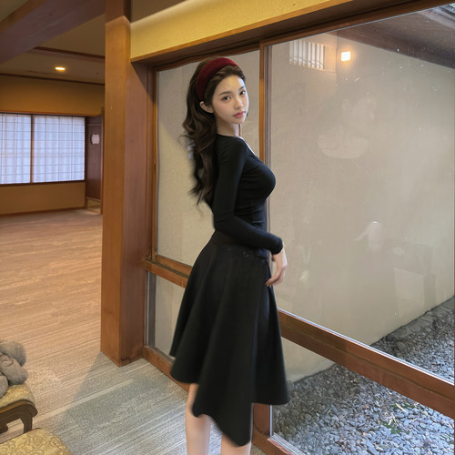 PickRui睿哥 优雅往事 新款秋冬不对称呢料中长裙女长袖连衣裙