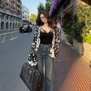 PickRui 睿哥 汉南洞街头 口袋提花牛仔裤女阔腿秋季高腰显瘦裤子