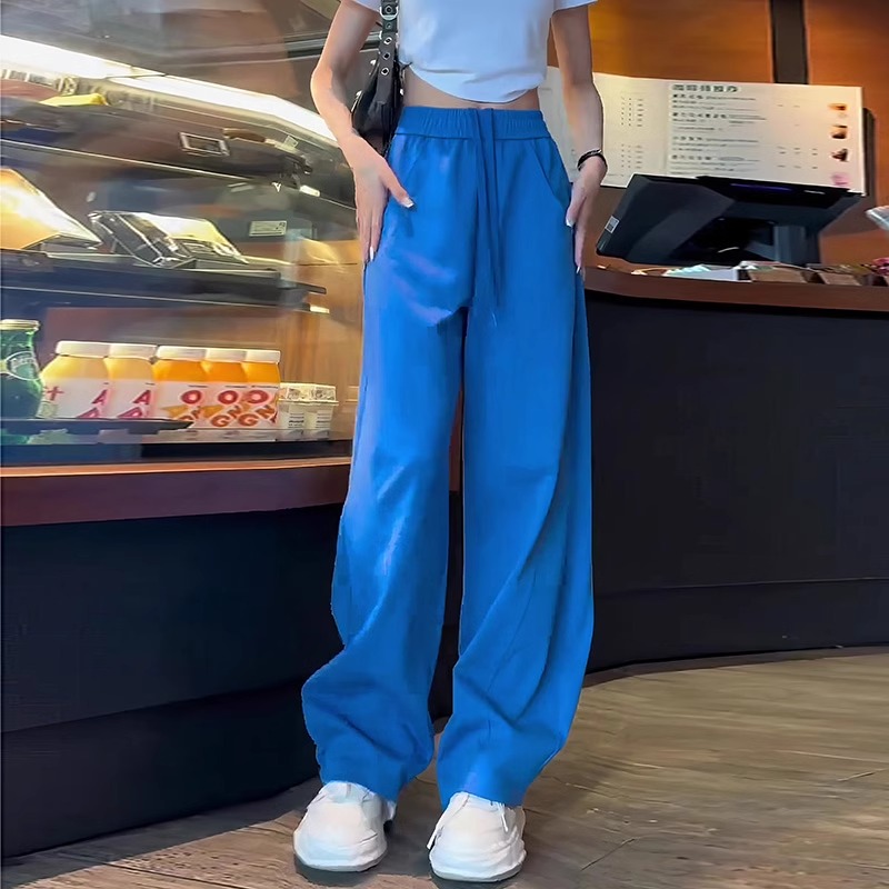 蓝色抽绳休闲 运动裤女夏薄款2025新款大尺码裤子透气宽松阔腿香
