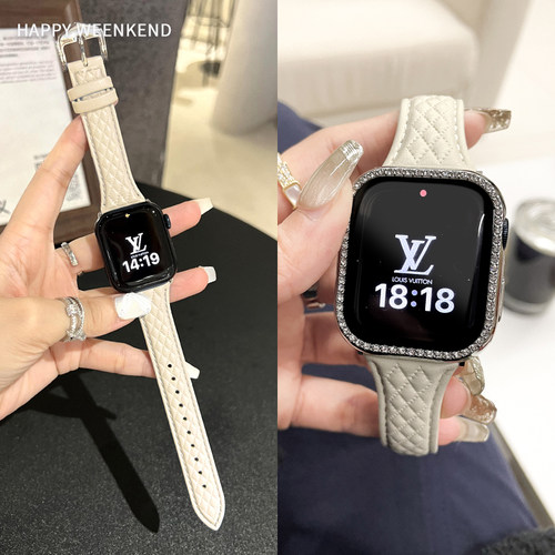 菱格小香压纹真皮质表带适用苹果