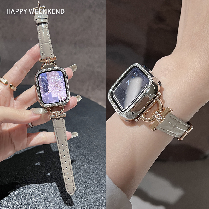 小香风鳄鱼纹表带气质轻奢真皮适用苹果手表带S910代applewatch78