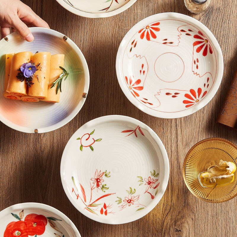 君跃餐具日式陶瓷高脚水果盘手绘釉下彩盘子菜盘家用轻奢平盘浅盘