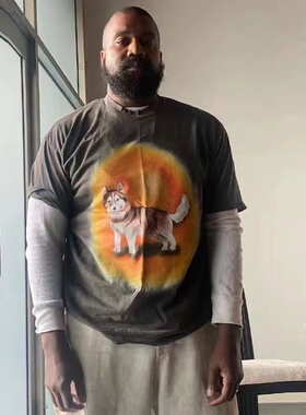 2024SS重磅320g美式高街复古Kanye同款小狗水洗做旧短袖T恤男女潮