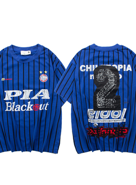 新品美潮高街Travis Scott蓝色条纹数字2号足球球衣短袖T恤男女夏