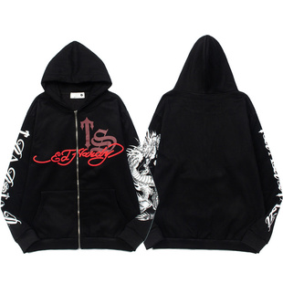 美式高街TRAP陷阱之星嘻哈神龙麒麟臂印花开胸拉链连帽卫衣潮外套