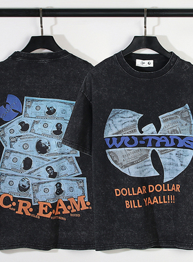2024SS重磅320g美式高街复古wu-tang vintage 美金印花做旧短袖男