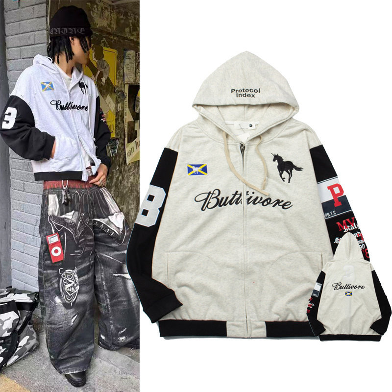 Protocol Index重工刺绣拉链连帽卫衣美式休闲战马外套帽衫男女潮