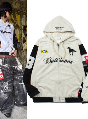 Protocol Index重工刺绣拉链连帽卫衣美式休闲战马外套帽衫男女潮
