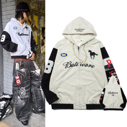 Protocol Index重工刺绣拉链连帽卫衣美式休闲战马外套帽衫男女潮