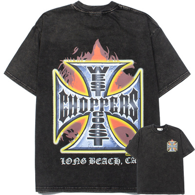美潮西海岸West Coast Choppers款Vintage十字水洗做旧短袖T恤夏