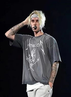 2024SS重磅320g复古高街美国摇滚乐队Justin Bieber短袖体恤骷髅