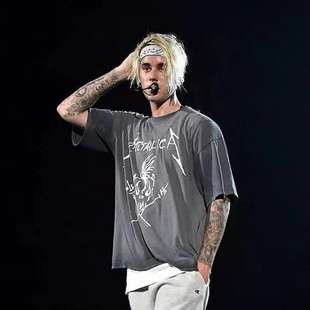 2024SS重磅320g复古高街美国摇滚乐队Justin Bieber短袖体恤骷髅