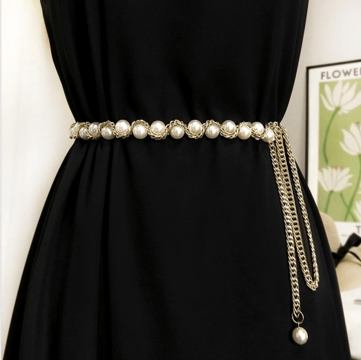 时尚连衣裙装饰腰带珍珠编织链条腰链女士金银色显百搭优雅裙带