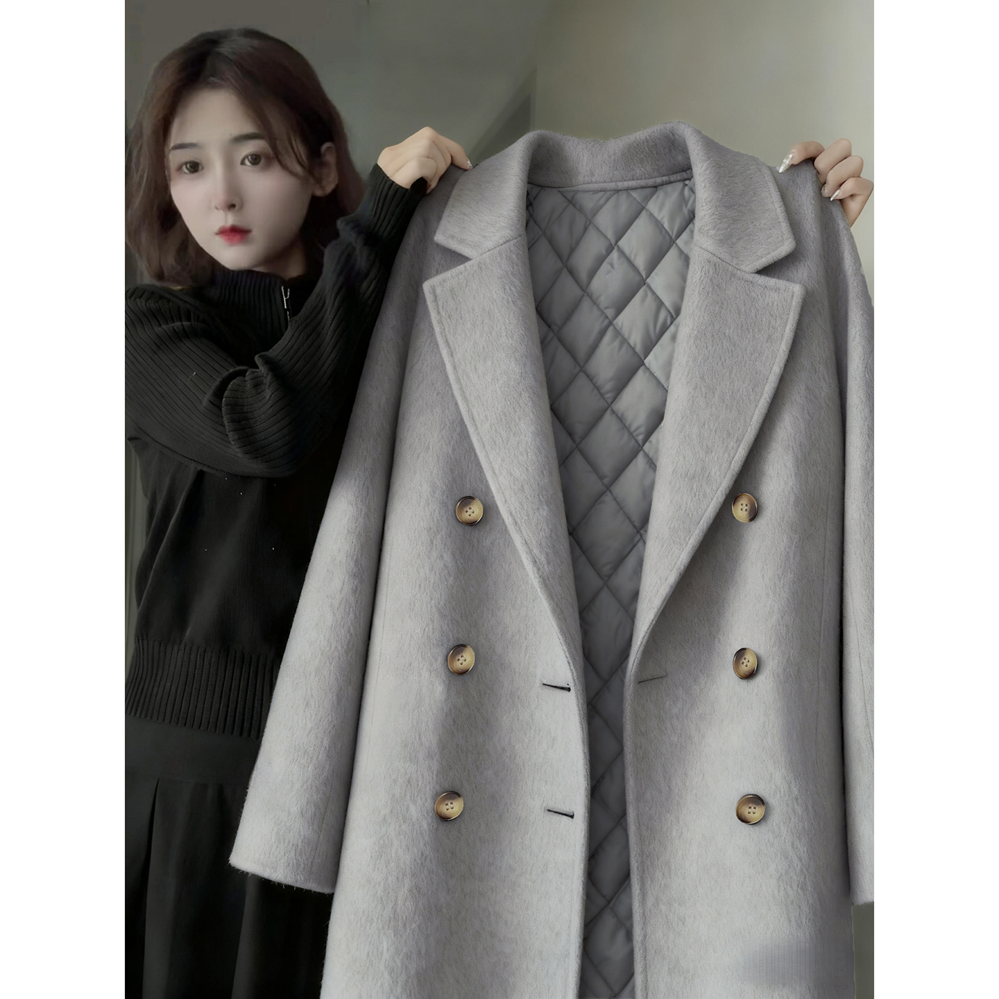 灰色双面羊绒呢子大衣外套女中长