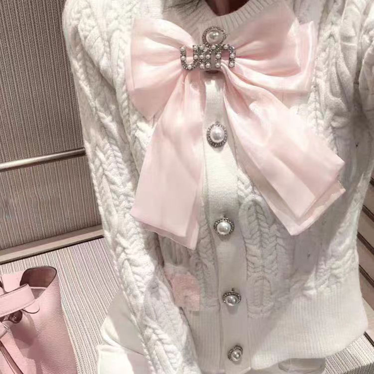 超好看麻花毛衣开衫新款甜美减龄大蝴蝶结针织外套千金风气质毛衣