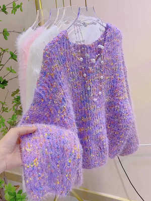 糖果色软糯毛茸茸针织衫复古V领