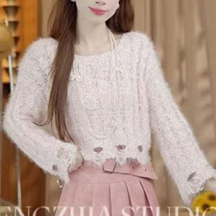 韩系甜美设计感破洞流苏针织上衣女秋冬新款时尚宽松软糯短款毛衣