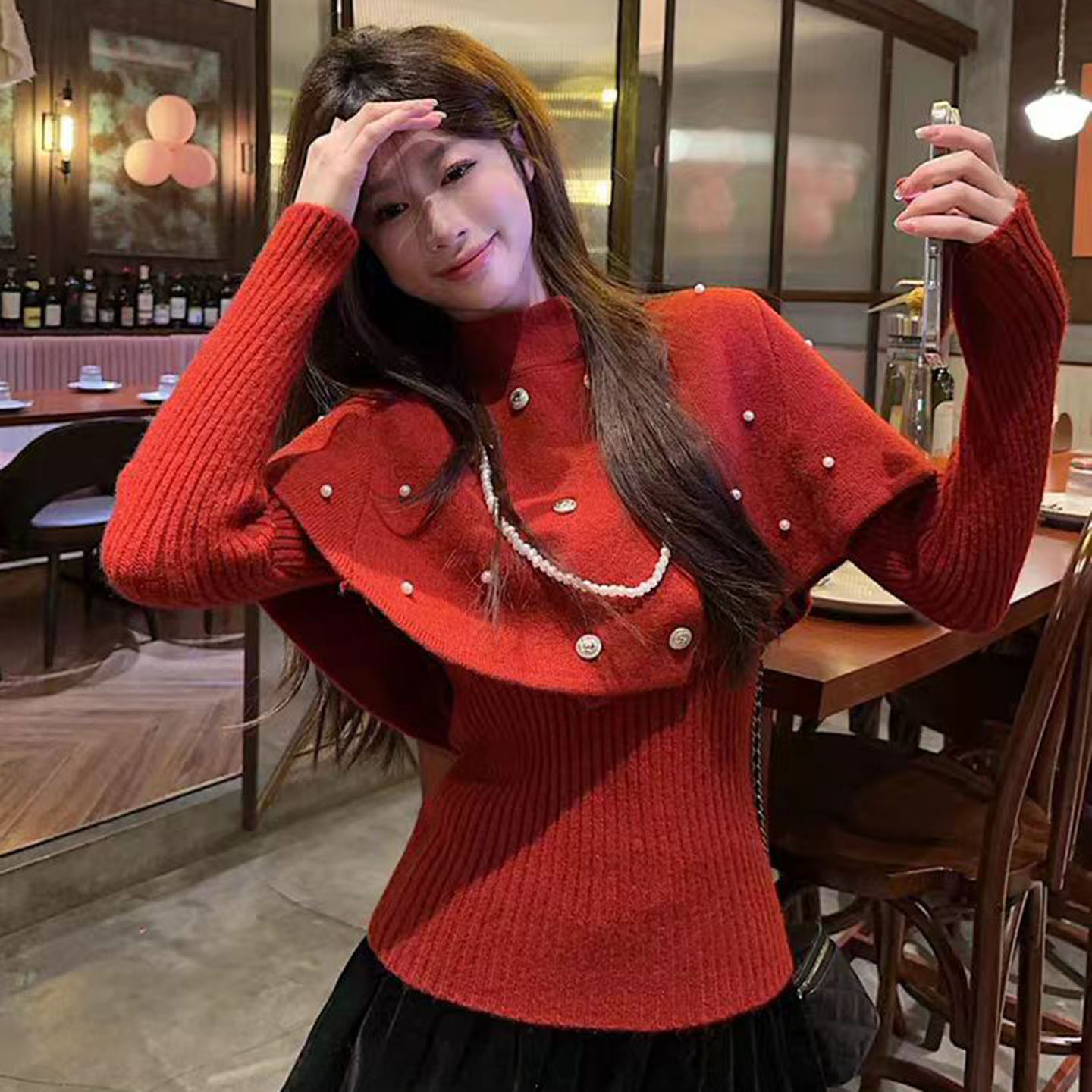 冬季圣诞新年高级钉珠双排扣斗篷针织衫女千金风显瘦打底毛衣套装