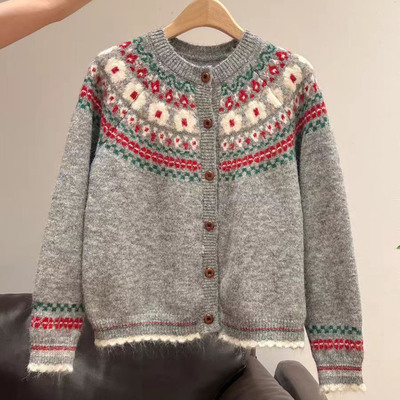 韩系复古费尔岛提花针织开衫女潮