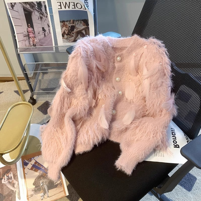 仿水貂绒纽扣圆领外穿钉珠开衫