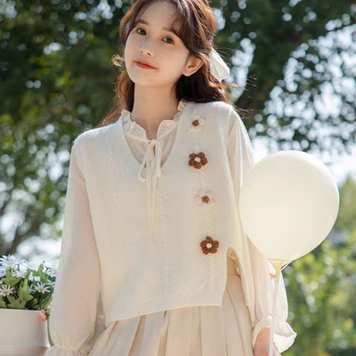 甜美森系减龄立体花朵针织马甲女