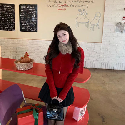 冬季新年圣诞拉链毛领斗篷披肩女