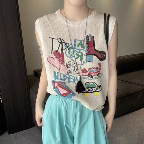 韩系卡通字母印花无袖针织衫女潮