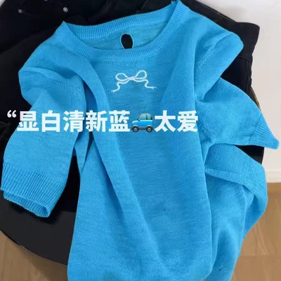 韩系蝴蝶结刺绣后背纽扣短袖女
