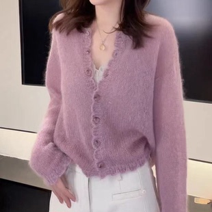 粉紫色花边圆领单排扣针织开衫女装春夏新款时尚气质百搭减龄外套