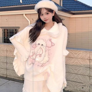 森女部落甜美风可爱猫咪白色套头毛衣秋冬新款 斗篷 设计宽松针织衫