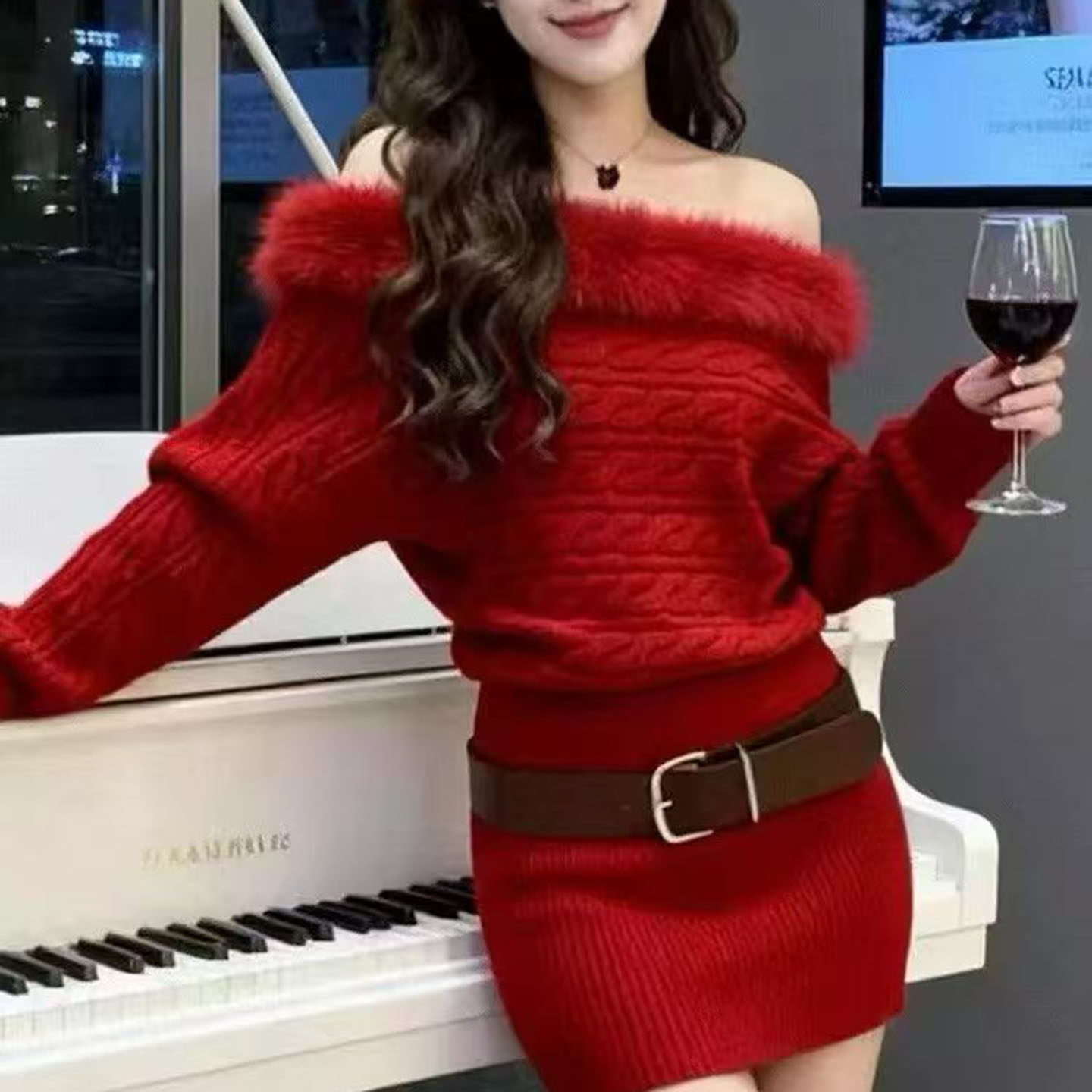 冬季新款纯欲风性感气质麻花露肩针织裙女慵懒风收腰显瘦包臂裙潮