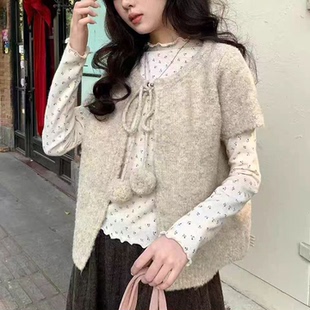 韩系慵懒风毛球系带披肩针织衫马甲女春秋冬新款叠穿外搭背心上衣