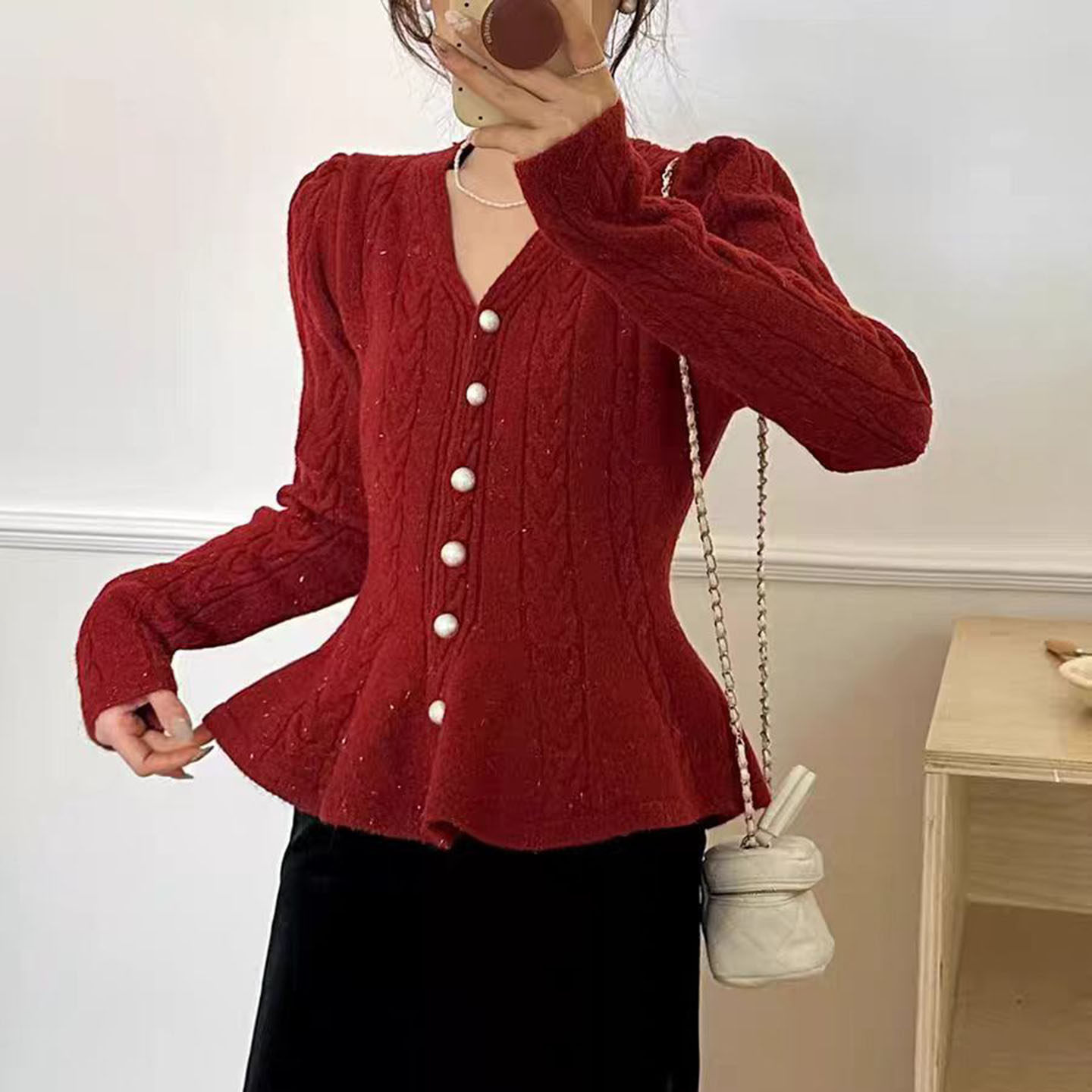 法式设计感v领麻花荷叶边针织开衫女高级感时尚气质收腰显瘦外套