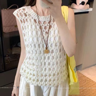 法式设计感镂空圆领无袖针织衫女春夏新款百搭显瘦薄款叠穿背心