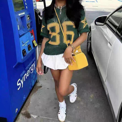 美式字母镂空体恤衫2025夏季短袖