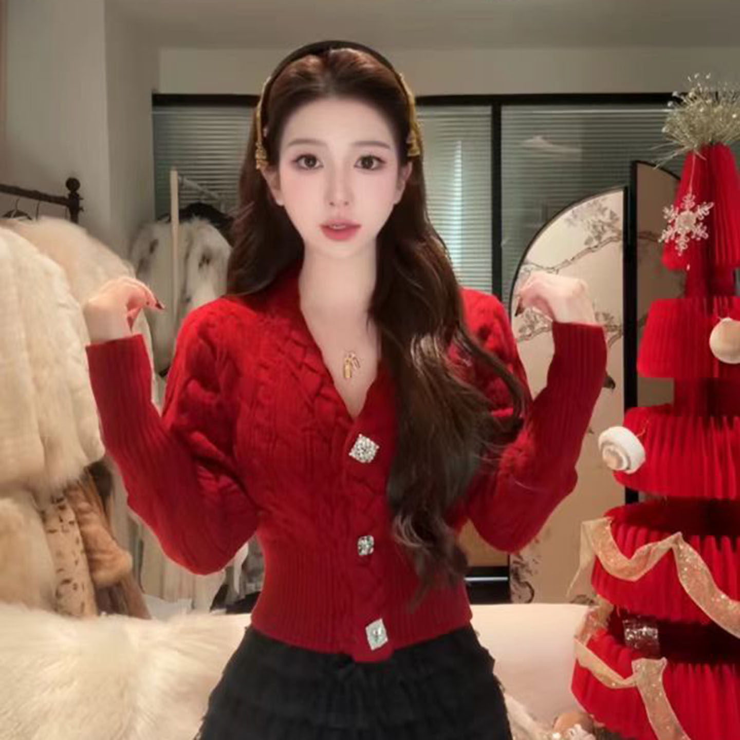 冬季圣诞新年小香风v领麻花钻扣毛衣针织开衫小个子百搭显瘦外套