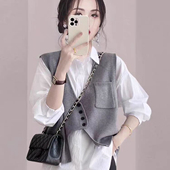 韩系不规则口袋无袖 洋气小众外搭背心坎肩 时尚 马甲针织衫 春秋新款