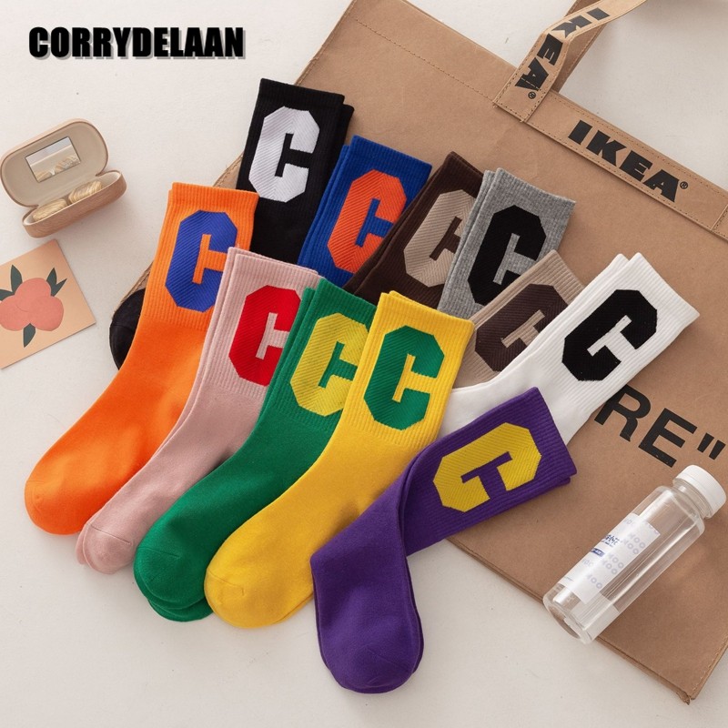 长袜子女ins潮日系网红彩色大c字母中筒袜韩国学生运动棉袜春秋冬