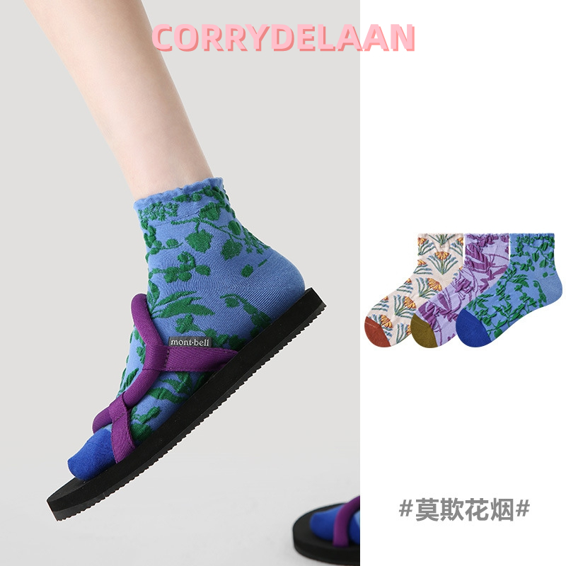 3双装春夏季薄款小众设计感无骨袜子女花朵浮雕可爱百搭学生短袜