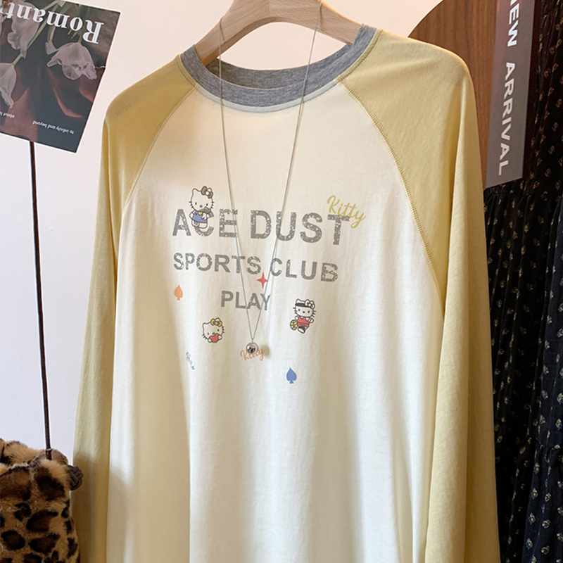 kitty猫拼色插肩袖长袖T恤打底衫