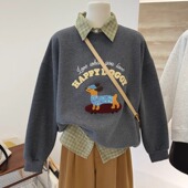 刺绣小狗秋装 百搭卡通减龄宽松韩系长袖 套头卫衣女圆领设计感上衣