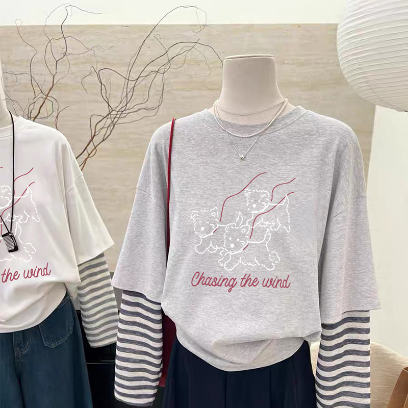 假两件长袖三只小狗字母T恤上衣