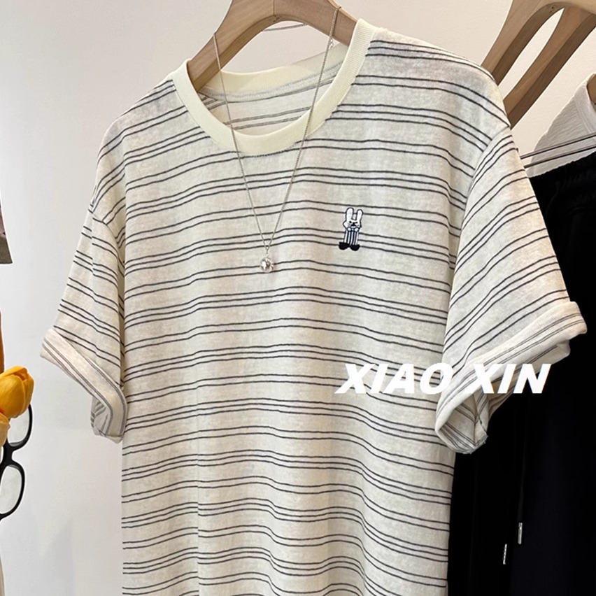 韩系小兔子刺绣短袖T恤女打底衫拼接撞色条纹体恤半袖圆领上衣潮