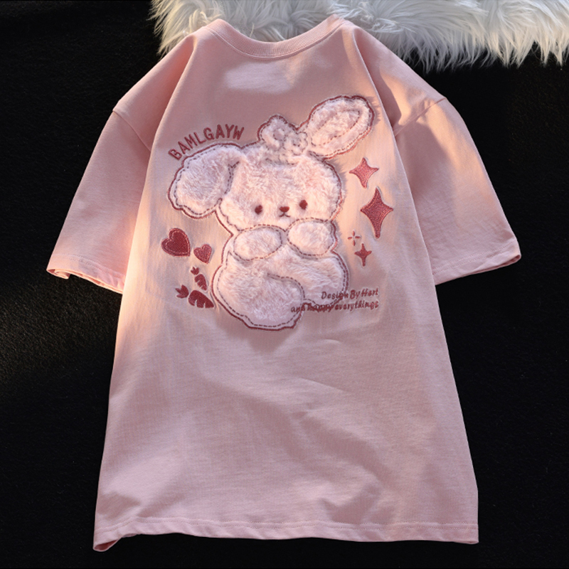 粉色可爱毛绒兔子t恤短袖上衣服